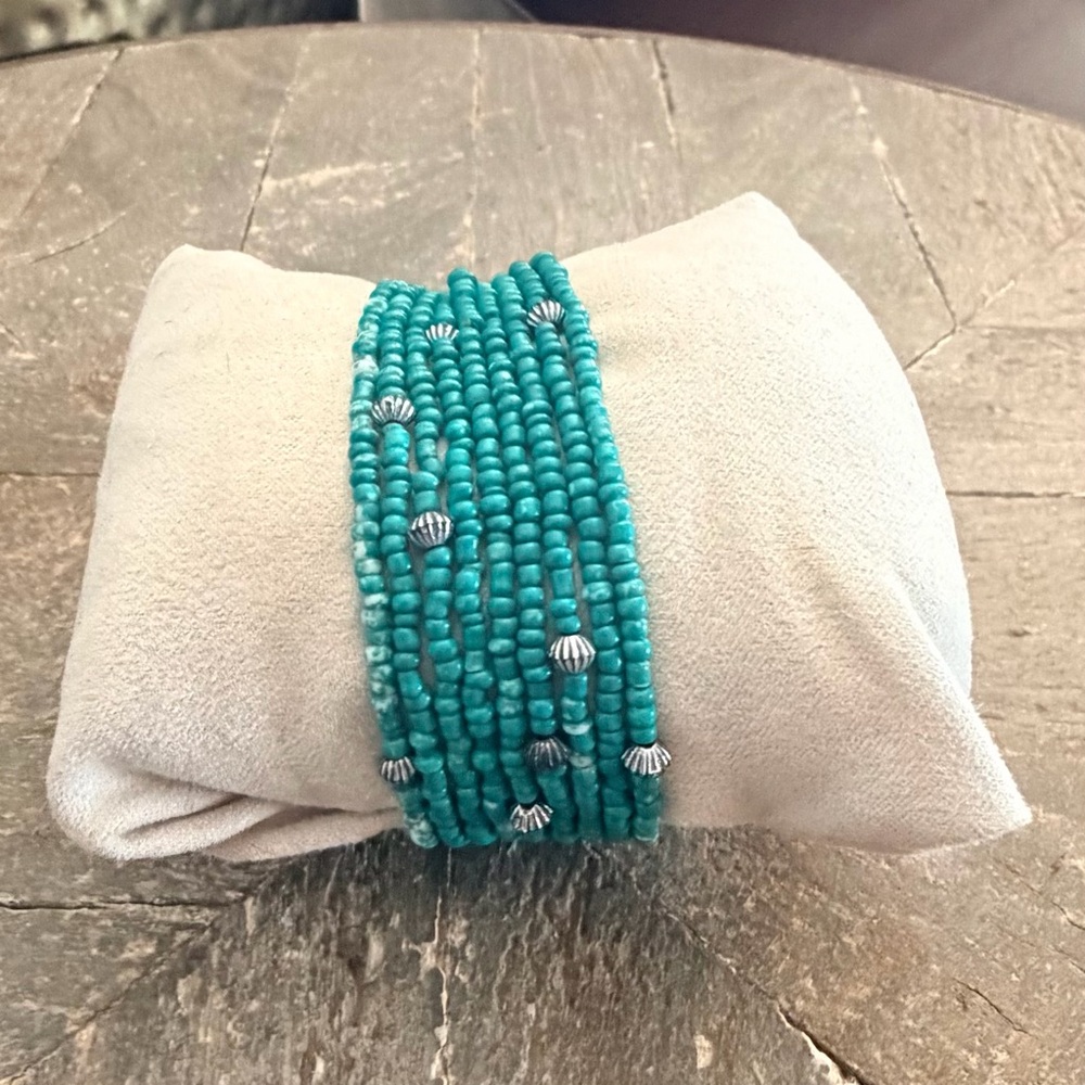 Turquoise Colored Beaded Bracelet Set with Silver Accents